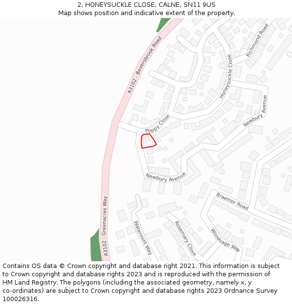 2, HONEYSUCKLE CLOSE, CALNE, SN11 9US: Location map and indicative extent of plot