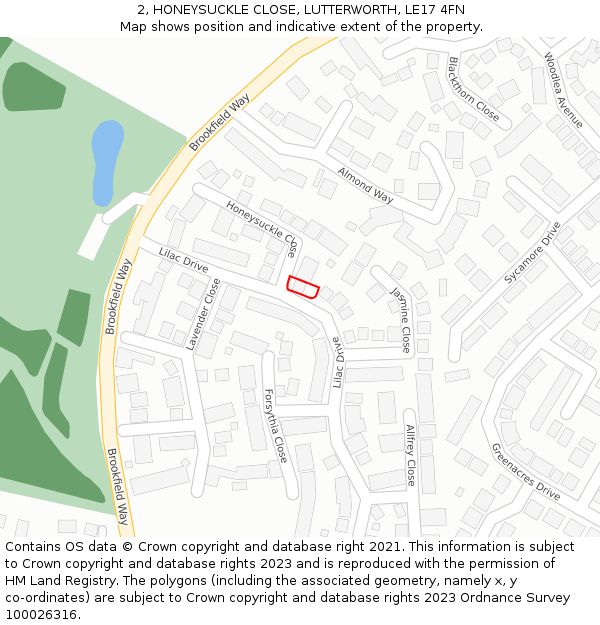 2, HONEYSUCKLE CLOSE, LUTTERWORTH, LE17 4FN: Location map and indicative extent of plot