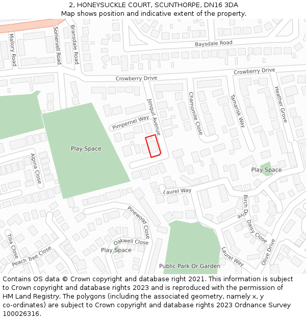 2, HONEYSUCKLE COURT, SCUNTHORPE, DN16 3DA: Location map and indicative extent of plot
