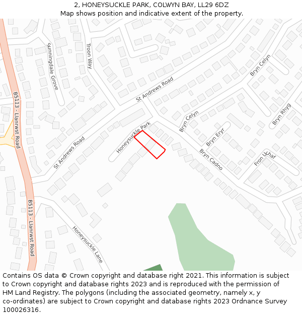 2, HONEYSUCKLE PARK, COLWYN BAY, LL29 6DZ: Location map and indicative extent of plot