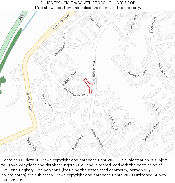 2, HONEYSUCKLE WAY, ATTLEBOROUGH, NR17 1QP: Location map and indicative extent of plot
