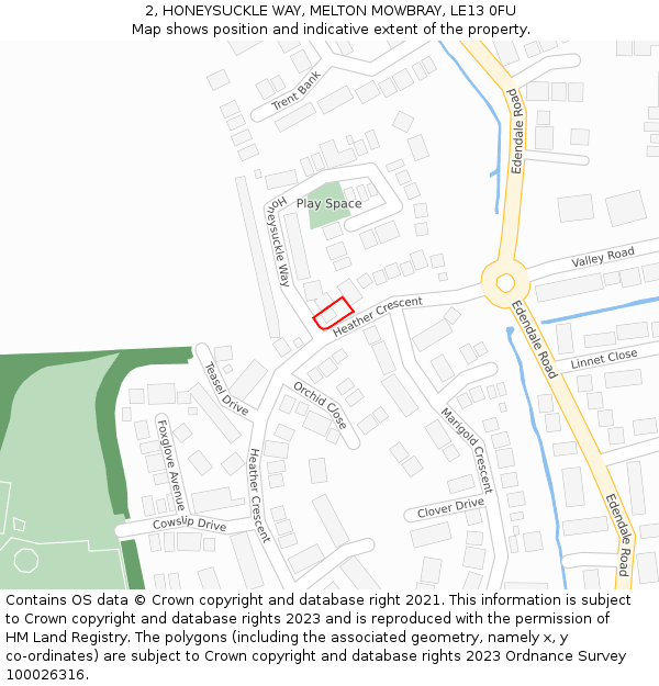 2, HONEYSUCKLE WAY, MELTON MOWBRAY, LE13 0FU: Location map and indicative extent of plot