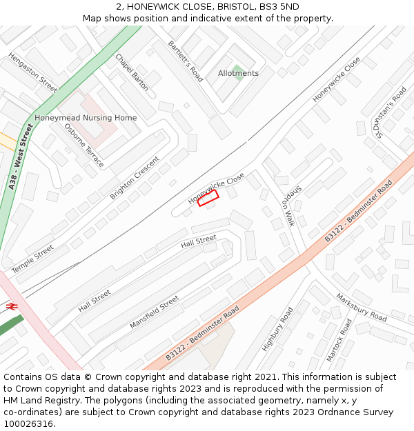 2, HONEYWICK CLOSE, BRISTOL, BS3 5ND: Location map and indicative extent of plot