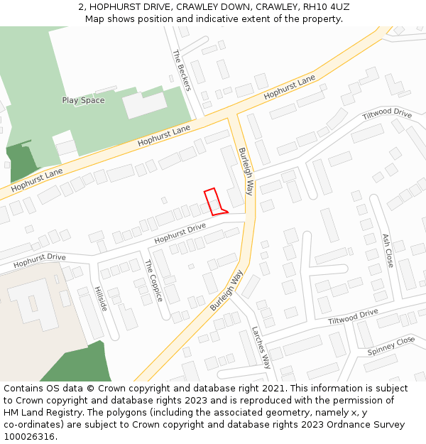 2, HOPHURST DRIVE, CRAWLEY DOWN, CRAWLEY, RH10 4UZ: Location map and indicative extent of plot