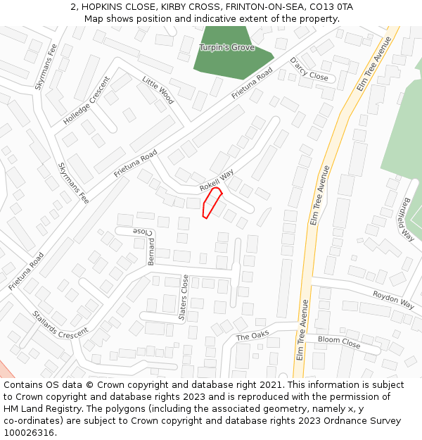 2, HOPKINS CLOSE, KIRBY CROSS, FRINTON-ON-SEA, CO13 0TA: Location map and indicative extent of plot