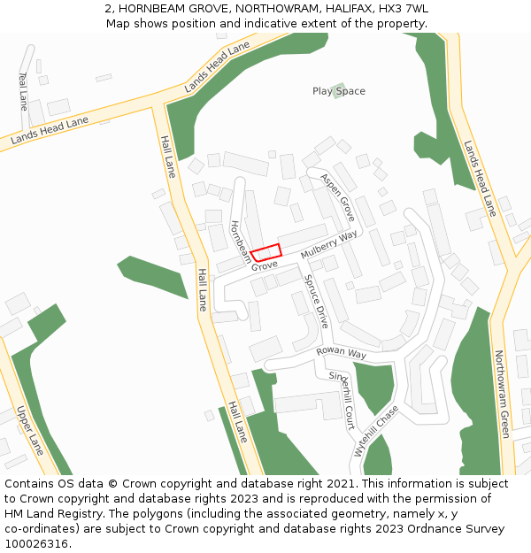 2, HORNBEAM GROVE, NORTHOWRAM, HALIFAX, HX3 7WL: Location map and indicative extent of plot