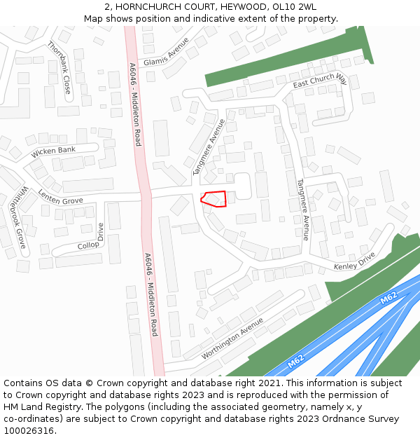 2, HORNCHURCH COURT, HEYWOOD, OL10 2WL: Location map and indicative extent of plot