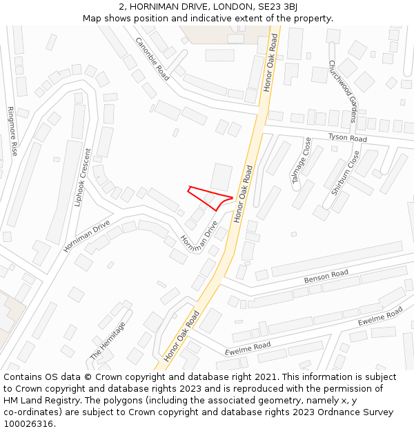 2, HORNIMAN DRIVE, LONDON, SE23 3BJ: Location map and indicative extent of plot