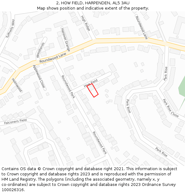 2, HOW FIELD, HARPENDEN, AL5 3AU: Location map and indicative extent of plot