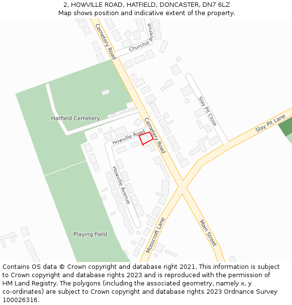 2, HOWVILLE ROAD, HATFIELD, DONCASTER, DN7 6LZ: Location map and indicative extent of plot