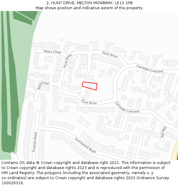 2, HUNT DRIVE, MELTON MOWBRAY, LE13 1PB: Location map and indicative extent of plot