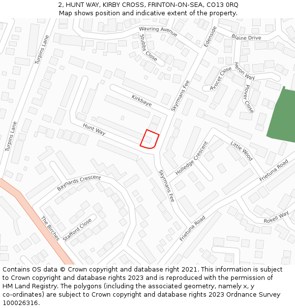 2, HUNT WAY, KIRBY CROSS, FRINTON-ON-SEA, CO13 0RQ: Location map and indicative extent of plot