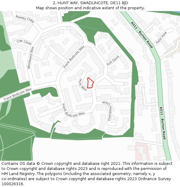 2, HUNT WAY, SWADLINCOTE, DE11 8JD: Location map and indicative extent of plot