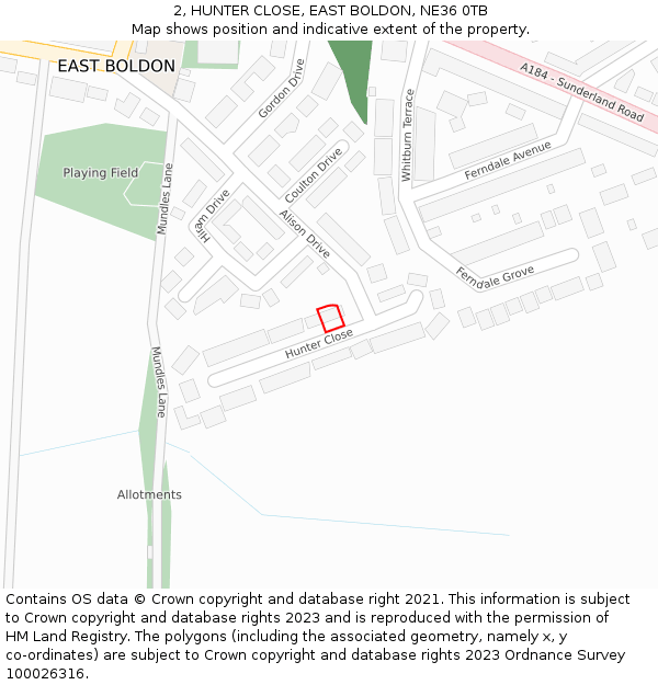 2, HUNTER CLOSE, EAST BOLDON, NE36 0TB: Location map and indicative extent of plot