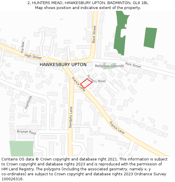 2, HUNTERS MEAD, HAWKESBURY UPTON, BADMINTON, GL9 1BL: Location map and indicative extent of plot