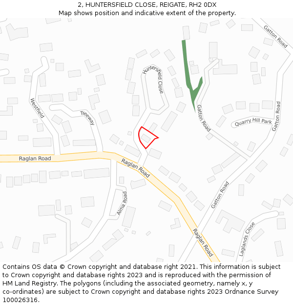 2, HUNTERSFIELD CLOSE, REIGATE, RH2 0DX: Location map and indicative extent of plot