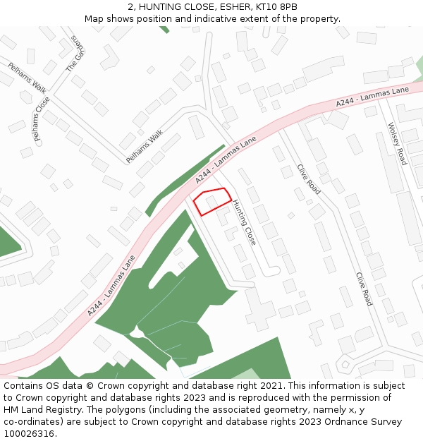 2, HUNTING CLOSE, ESHER, KT10 8PB: Location map and indicative extent of plot