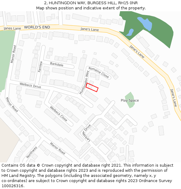 2, HUNTINGDON WAY, BURGESS HILL, RH15 0NR: Location map and indicative extent of plot