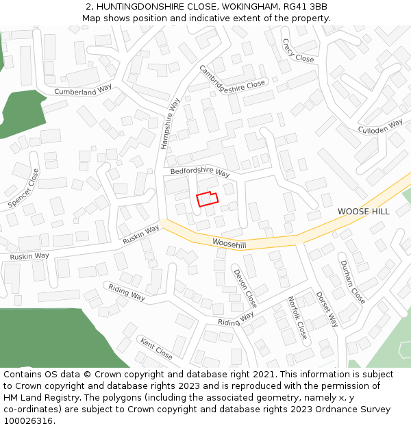 2, HUNTINGDONSHIRE CLOSE, WOKINGHAM, RG41 3BB: Location map and indicative extent of plot