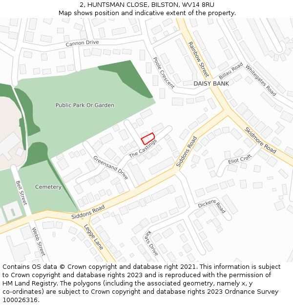 2, HUNTSMAN CLOSE, BILSTON, WV14 8RU: Location map and indicative extent of plot