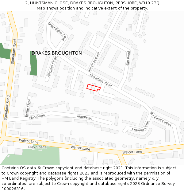 2, HUNTSMAN CLOSE, DRAKES BROUGHTON, PERSHORE, WR10 2BQ: Location map and indicative extent of plot