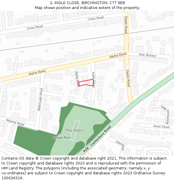 2, INGLE CLOSE, BIRCHINGTON, CT7 9EB: Location map and indicative extent of plot