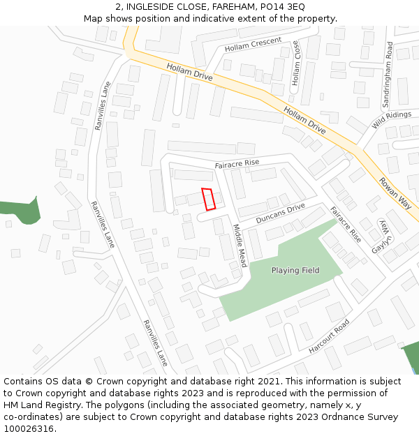 2, INGLESIDE CLOSE, FAREHAM, PO14 3EQ: Location map and indicative extent of plot