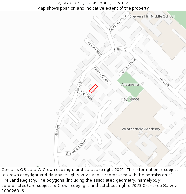 2, IVY CLOSE, DUNSTABLE, LU6 1TZ: Location map and indicative extent of plot