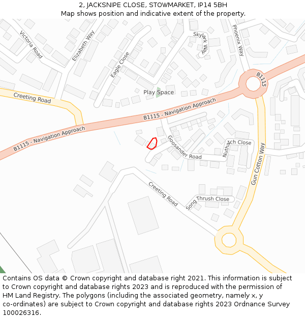 2, JACKSNIPE CLOSE, STOWMARKET, IP14 5BH: Location map and indicative extent of plot