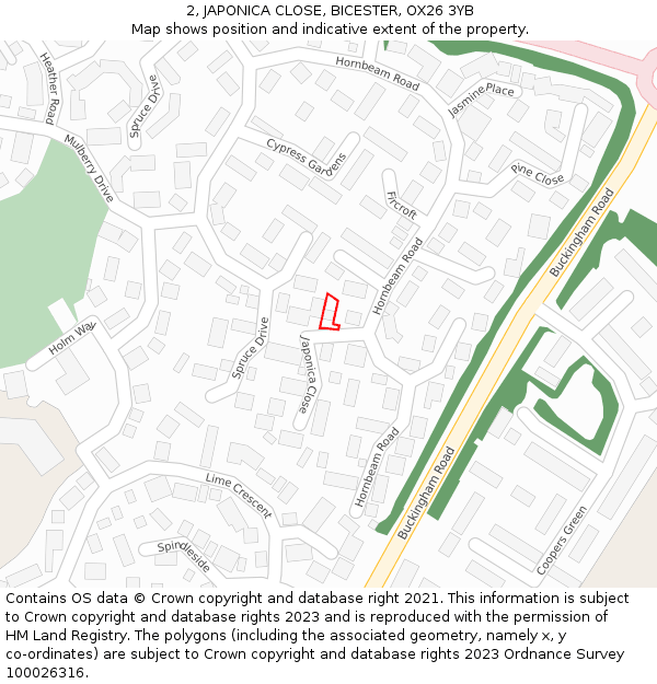 2, JAPONICA CLOSE, BICESTER, OX26 3YB: Location map and indicative extent of plot