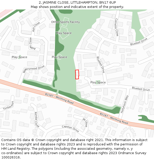 2, JASMINE CLOSE, LITTLEHAMPTON, BN17 6UP: Location map and indicative extent of plot