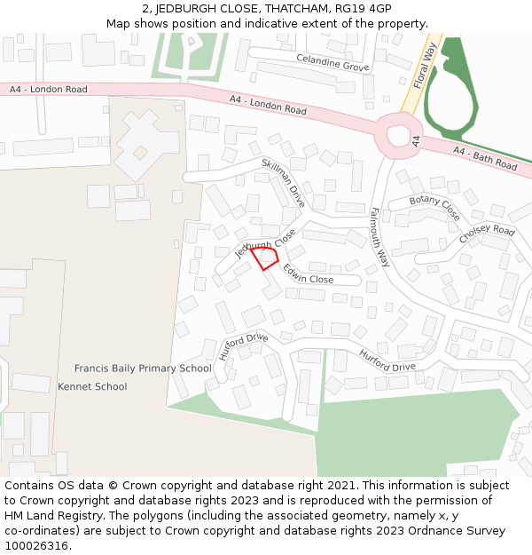 2, JEDBURGH CLOSE, THATCHAM, RG19 4GP: Location map and indicative extent of plot