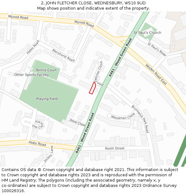 2, JOHN FLETCHER CLOSE, WEDNESBURY, WS10 9UD: Location map and indicative extent of plot