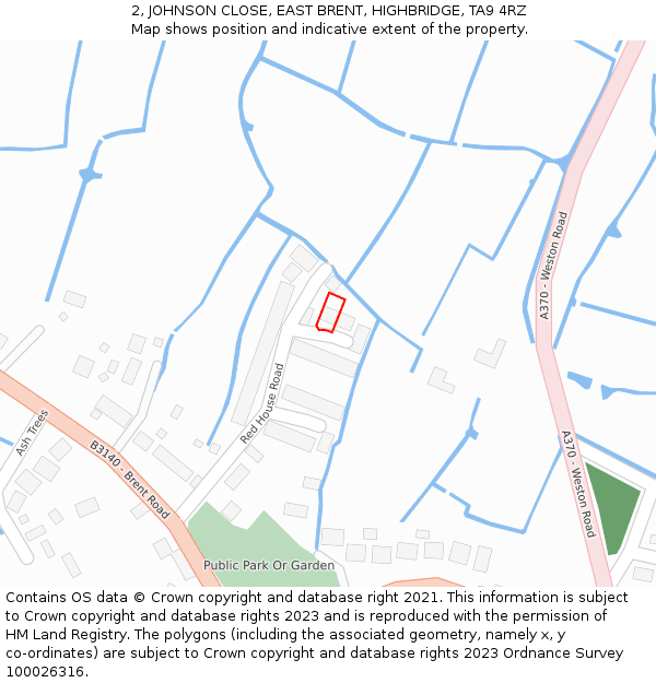 2, JOHNSON CLOSE, EAST BRENT, HIGHBRIDGE, TA9 4RZ: Location map and indicative extent of plot