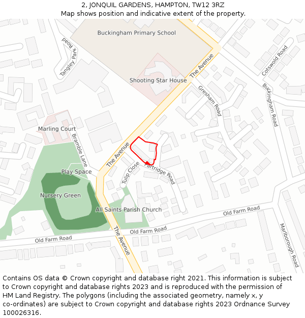 2, JONQUIL GARDENS, HAMPTON, TW12 3RZ: Location map and indicative extent of plot