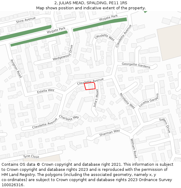 2, JULIAS MEAD, SPALDING, PE11 1RS: Location map and indicative extent of plot