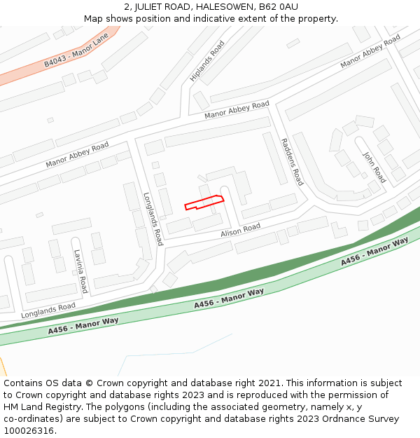 2, JULIET ROAD, HALESOWEN, B62 0AU: Location map and indicative extent of plot