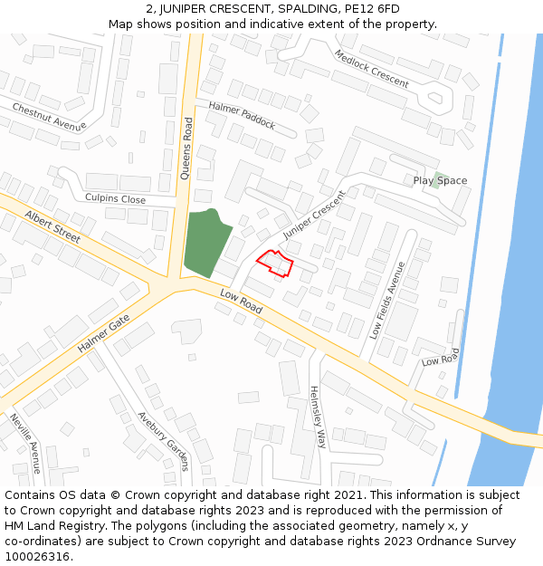 2, JUNIPER CRESCENT, SPALDING, PE12 6FD: Location map and indicative extent of plot