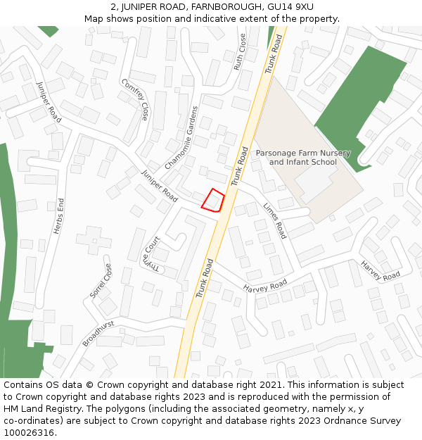 2, JUNIPER ROAD, FARNBOROUGH, GU14 9XU: Location map and indicative extent of plot