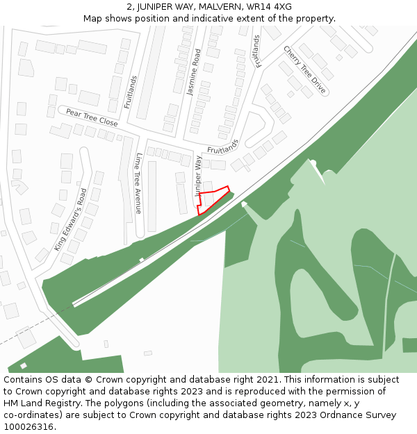 2, JUNIPER WAY, MALVERN, WR14 4XG: Location map and indicative extent of plot