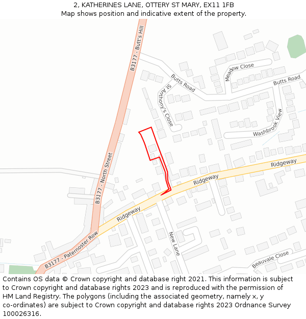 2, KATHERINES LANE, OTTERY ST MARY, EX11 1FB: Location map and indicative extent of plot