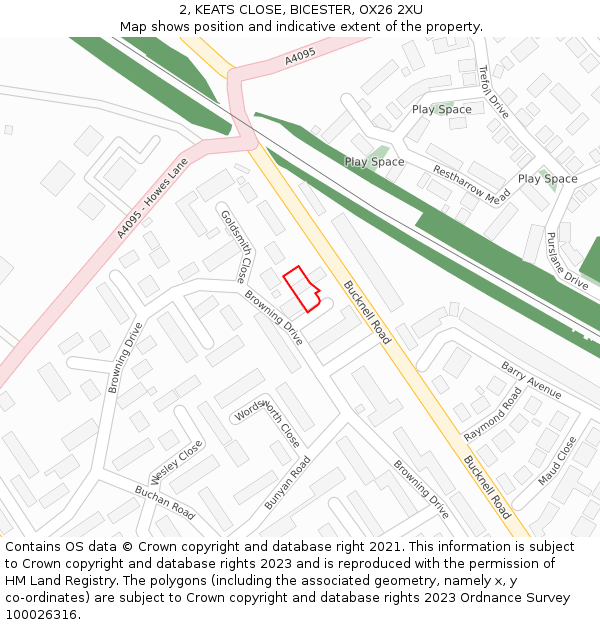 2, KEATS CLOSE, BICESTER, OX26 2XU: Location map and indicative extent of plot