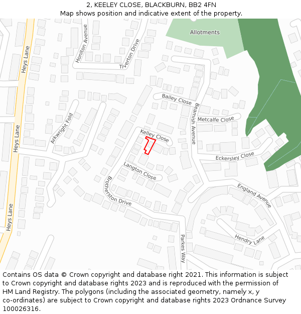 2, KEELEY CLOSE, BLACKBURN, BB2 4FN: Location map and indicative extent of plot