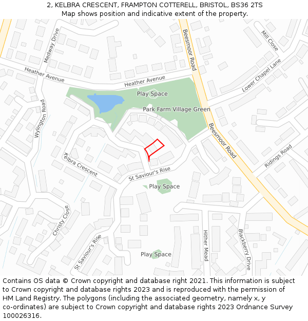 2, KELBRA CRESCENT, FRAMPTON COTTERELL, BRISTOL, BS36 2TS: Location map and indicative extent of plot