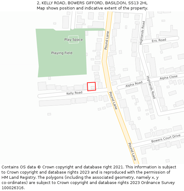 2, KELLY ROAD, BOWERS GIFFORD, BASILDON, SS13 2HL: Location map and indicative extent of plot