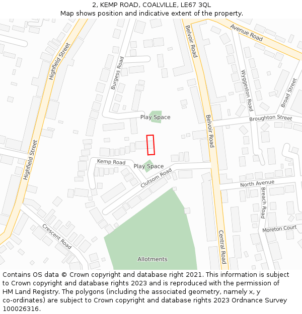 2, KEMP ROAD, COALVILLE, LE67 3QL: Location map and indicative extent of plot