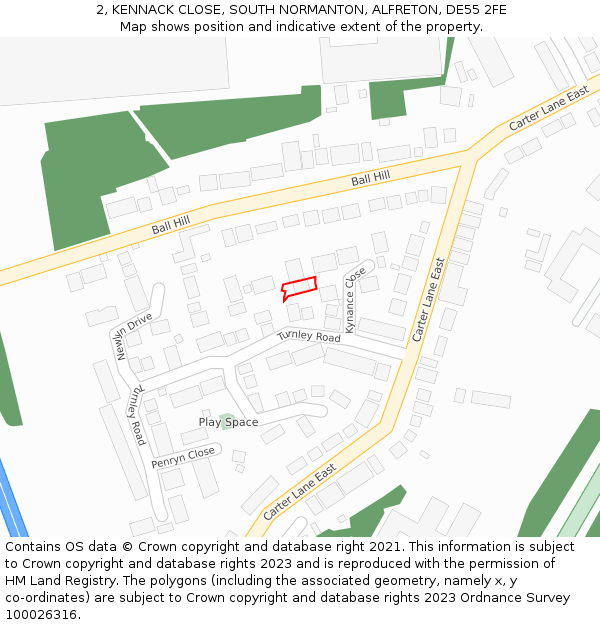 2, KENNACK CLOSE, SOUTH NORMANTON, ALFRETON, DE55 2FE: Location map and indicative extent of plot