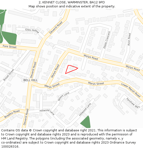 2, KENNET CLOSE, WARMINSTER, BA12 9PD: Location map and indicative extent of plot