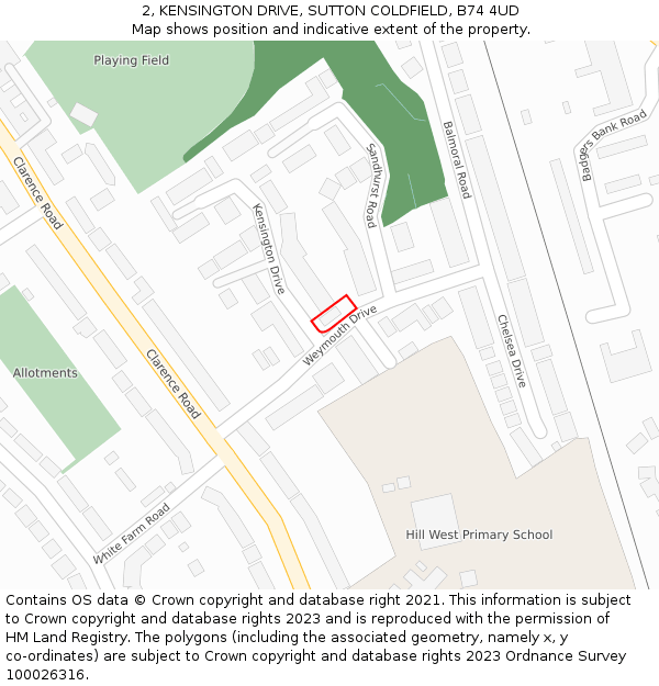 2, KENSINGTON DRIVE, SUTTON COLDFIELD, B74 4UD: Location map and indicative extent of plot