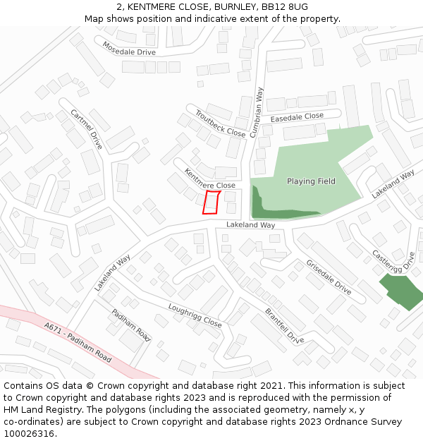 2, KENTMERE CLOSE, BURNLEY, BB12 8UG: Location map and indicative extent of plot